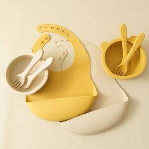 Silicone Baby Dinnerware Set with Adjustable Bib and Cartoon Bowl