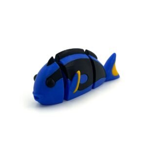 3D printed articulated blue tang fish keychain with flexible segments in blue black and yellow