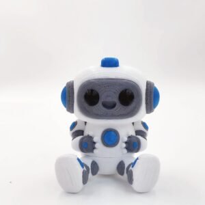 White, gray and blue articulated robot keychain, front view